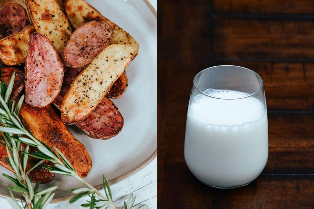 fried potatoes on a plate_glass of milk