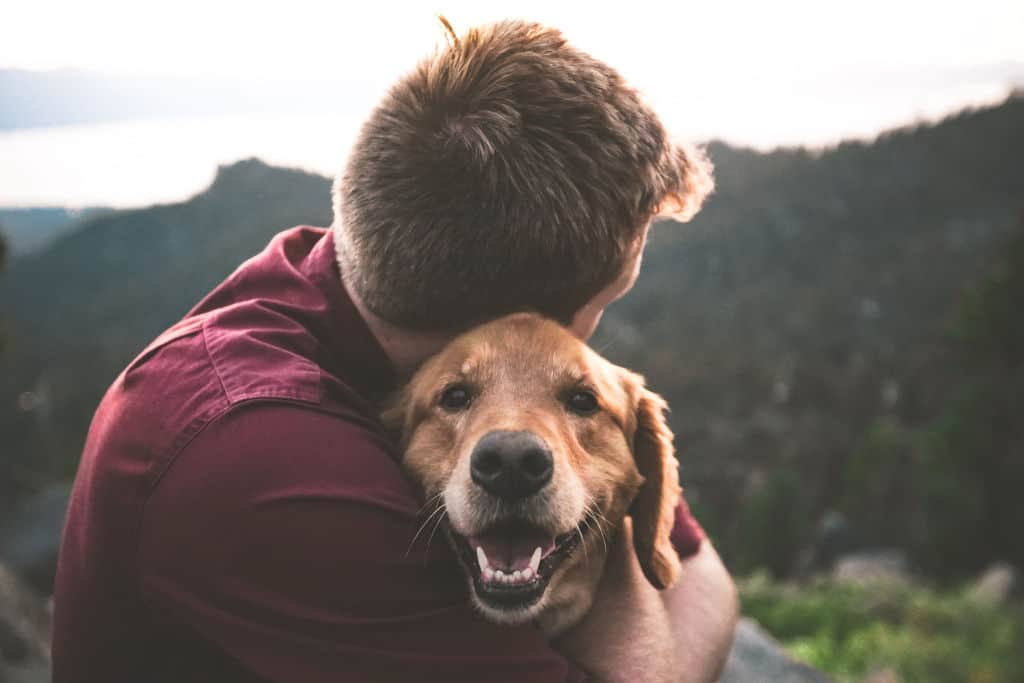 Man hugging a happy dog