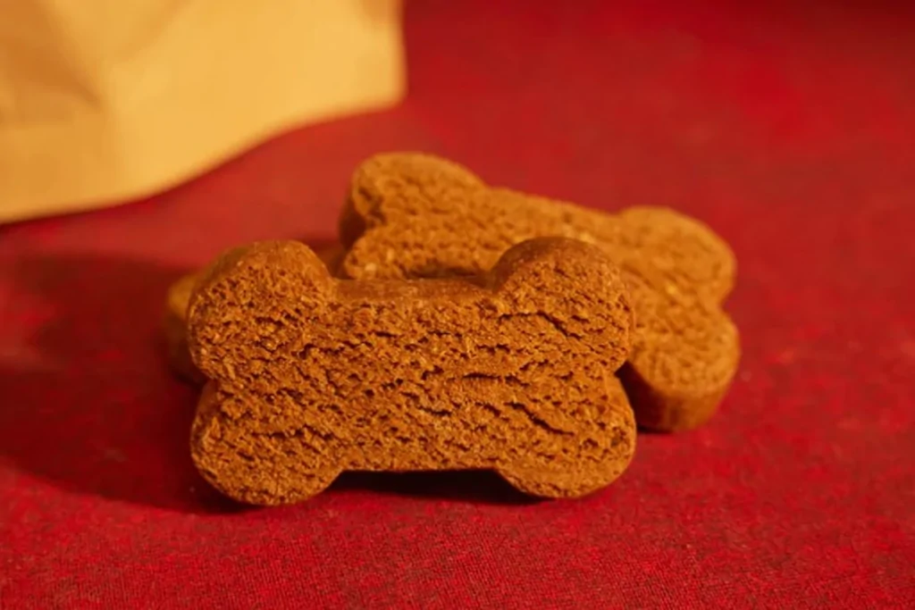a close up of two pieces of dog treats on read surface