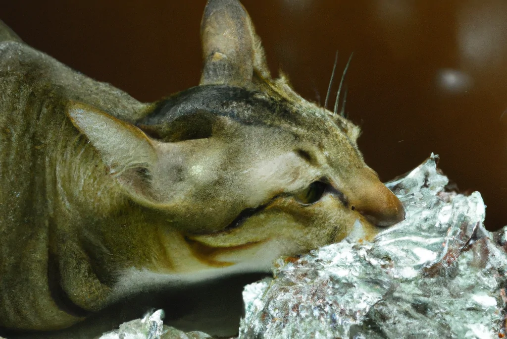 silver tabby cat eating aluminum foil