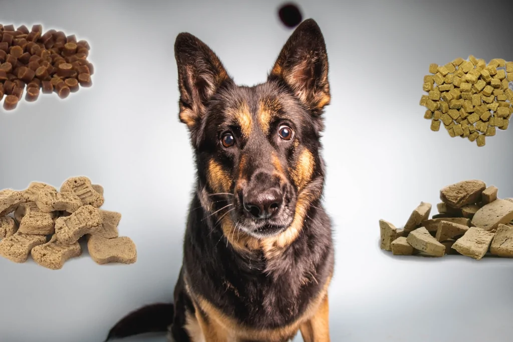 a close up of brown and black dog surrounded by various training treats