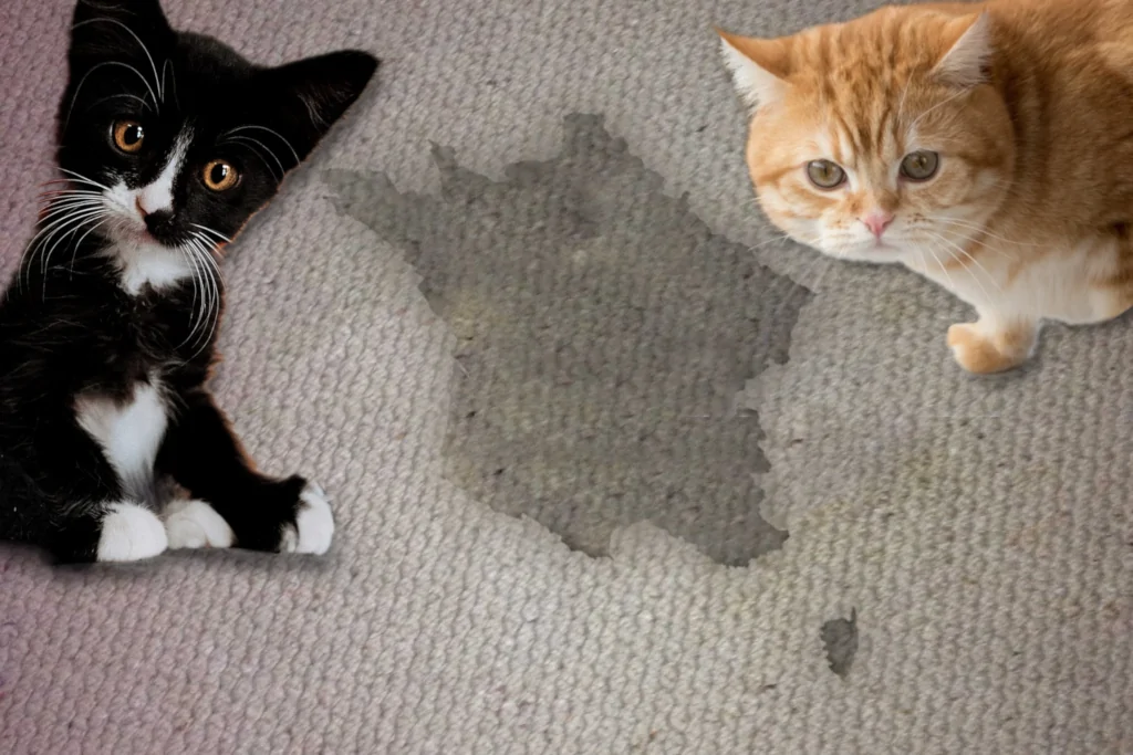 urine stain on gray carpet with two cats standing