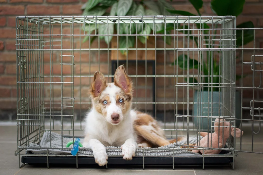 brown and white dog inside of a crate