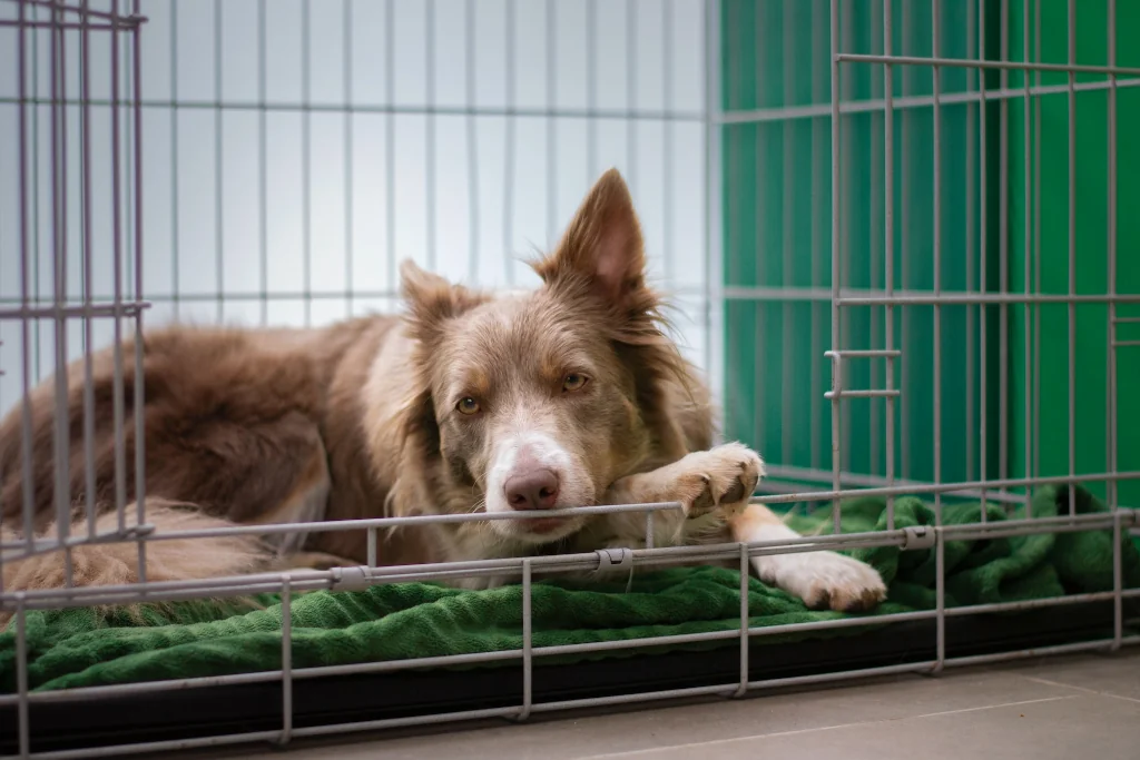 brown dog lying in their crate