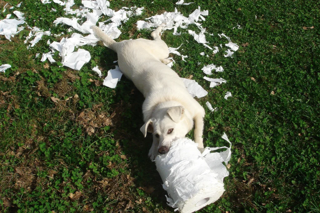 dog biting on toilet paper on the grass
