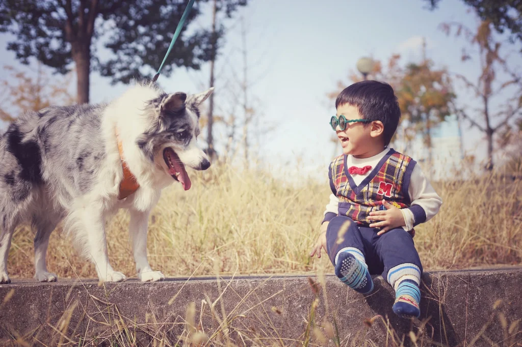 little boy sitting on a ledge next to a dog