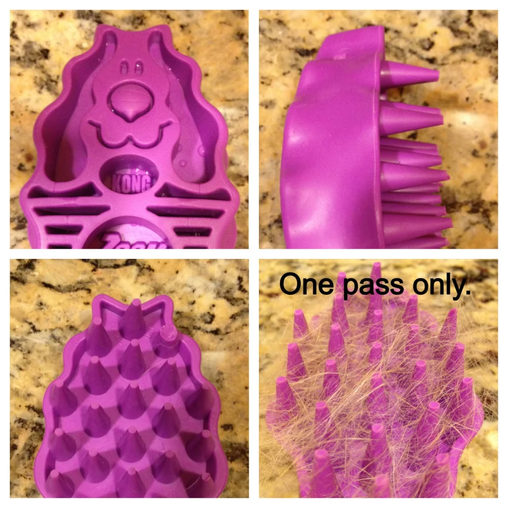 4 images showing the effectiveness of Kong ZoomGroom dog brush