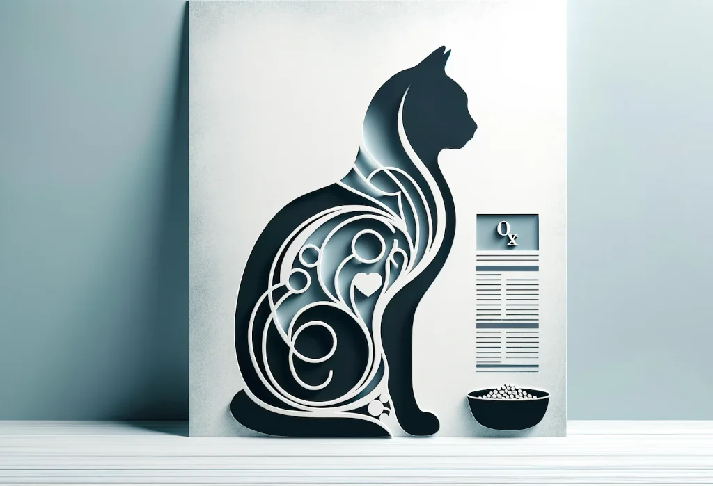 Cat silhouette beside an abstract nutrition label, symbolizing care
