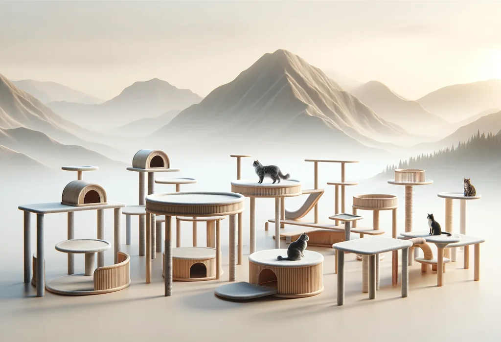 Assortment of modern, elegant cat platforms in a clean setting
