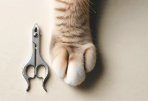 Cat's paw next to a sleek, modern nail trimmer, symbolizing claw care