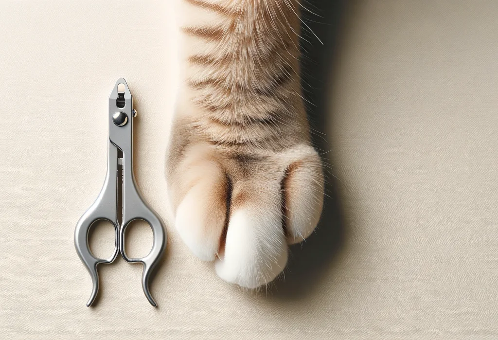 Cat's paw next to a sleek, modern nail trimmer, symbolizing claw care