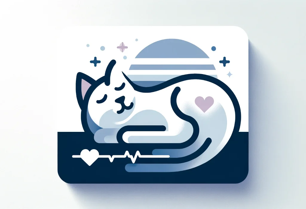 Sleeping cat silhouette with health symbol, depicting rest and wellbeing