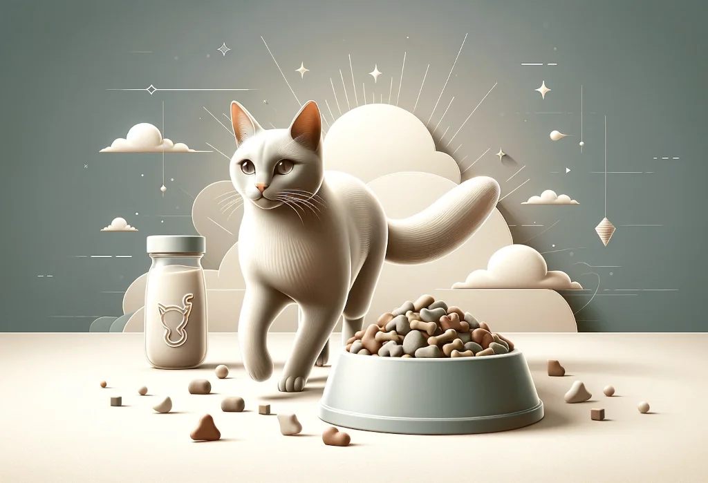 Minimalistic image of an active cat with healthy cat food