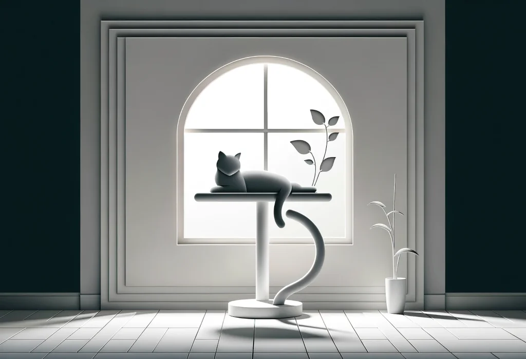 Cat silhouette resting on a window perch, symbolizing contentment