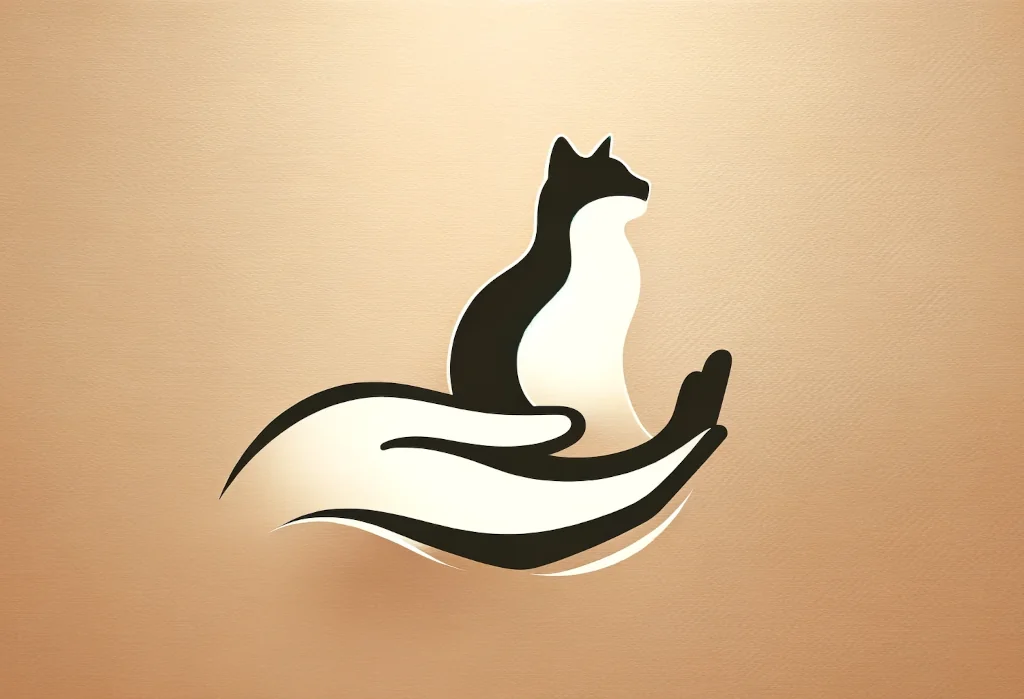 Stylized cat silhouette with a human hand reaching out gently