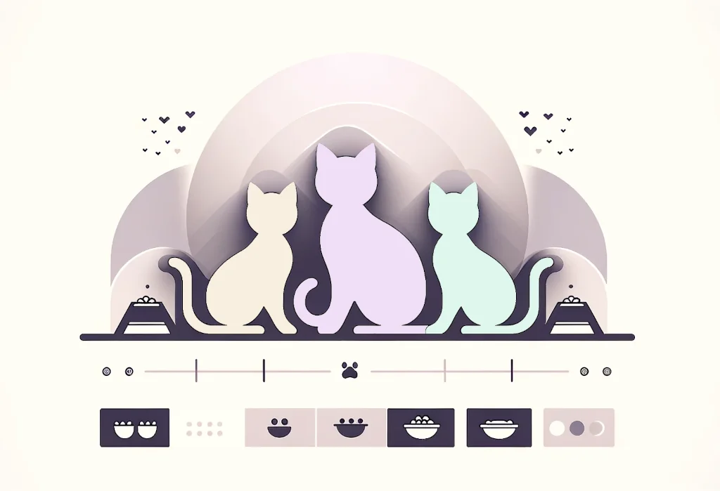 stylized silhouettes of two or three cats with subtle variations, alongside clear icons of multiple food bowls