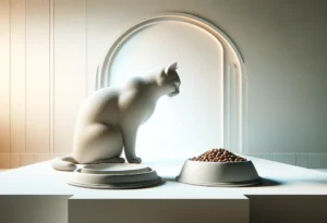 Minimalistic image of a calm cat near a food bowl