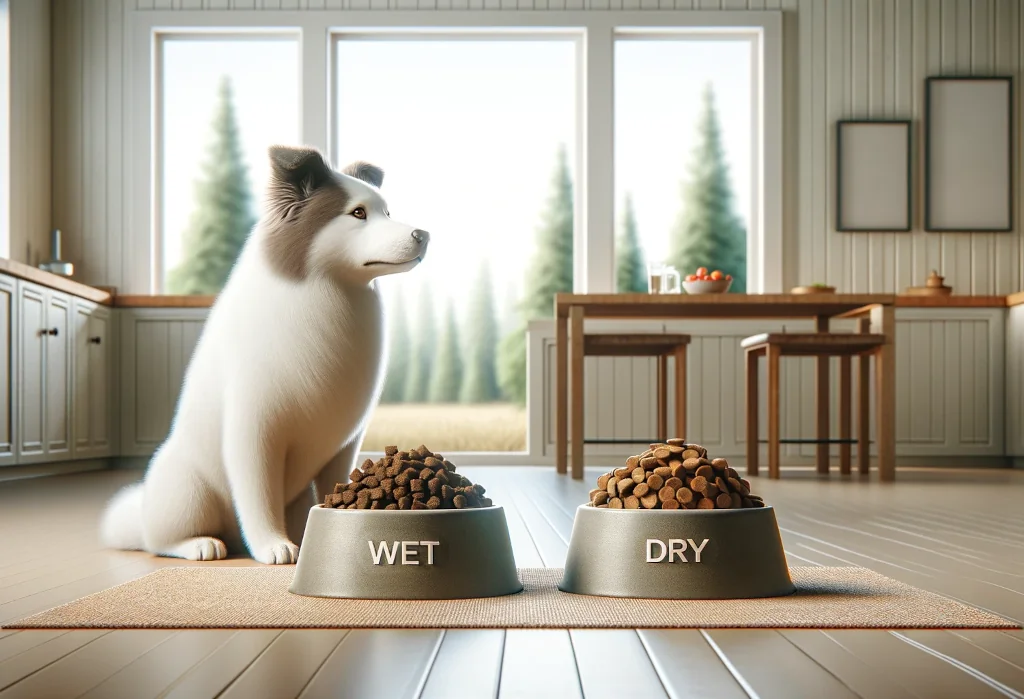 Realistic dog contemplating between dry kibble and wet food in bowls