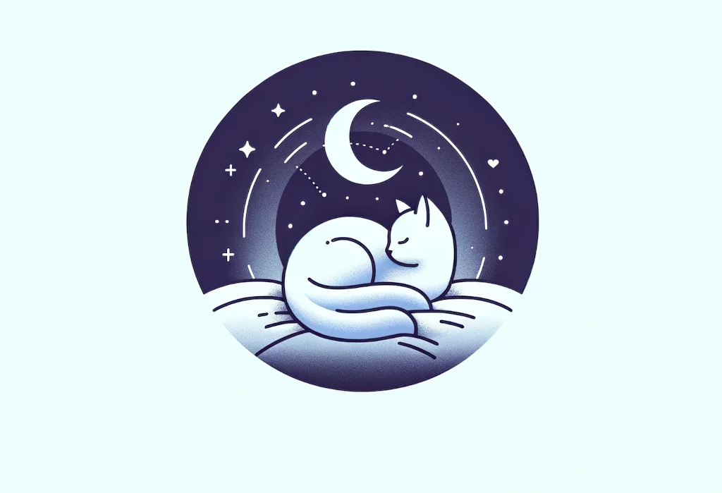 Serene cat silhouette with moon, depicting peaceful sleep behavior