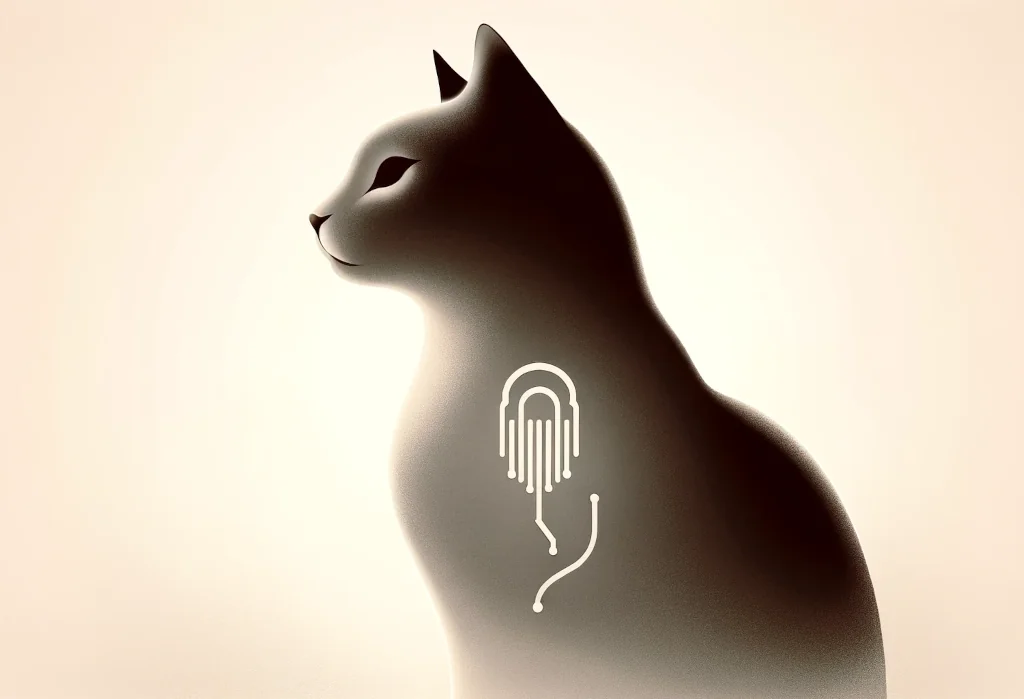 Cat silhouette with integrated microchip icon