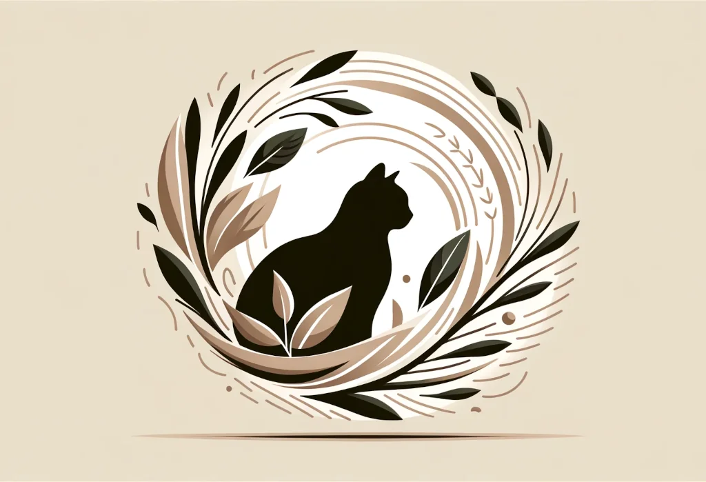 Cat silhouette encircled by stylized leaves, symbolizing organic food