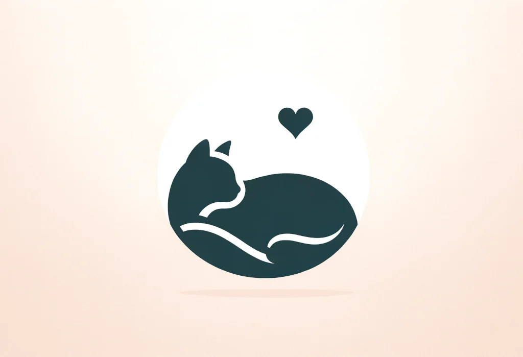 Cat silhouette resting with a heart symbol, representing care and comfort