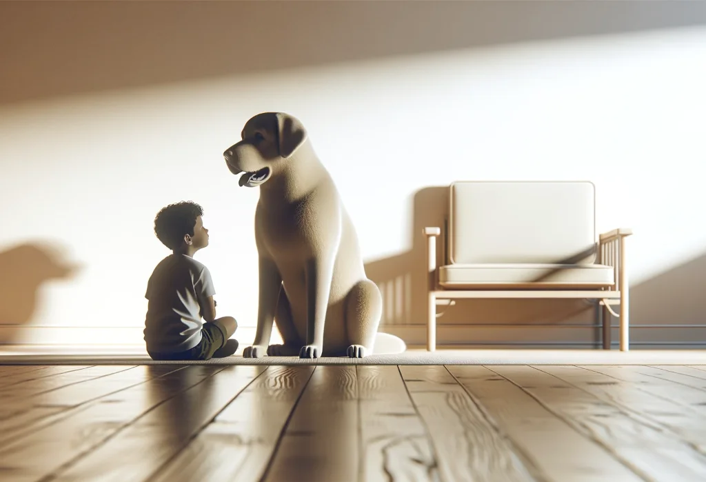 dog sitting gently beside a child's silhouette indoors