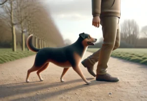 dog attentively heeling next to a human on a park path