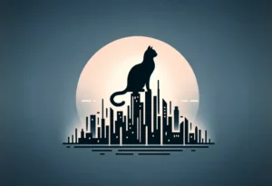 Cat silhouette perched on a simplified urban skyline at twilight