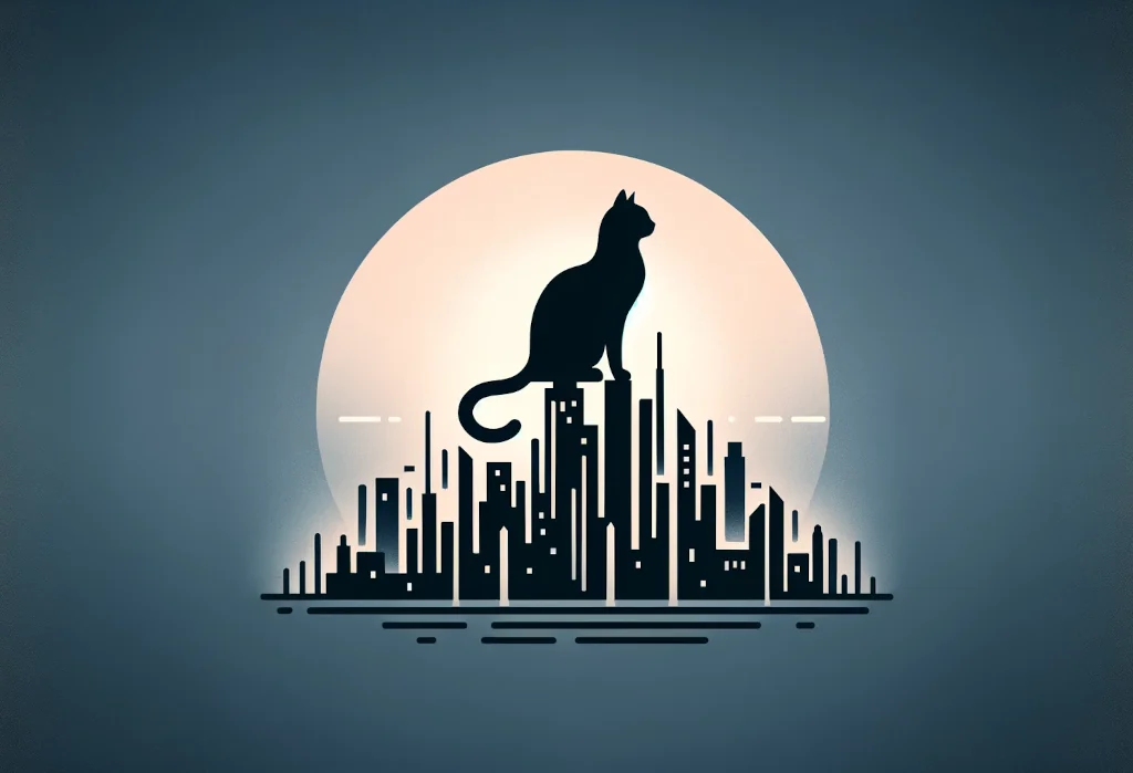 Cat silhouette perched on a simplified urban skyline at twilight