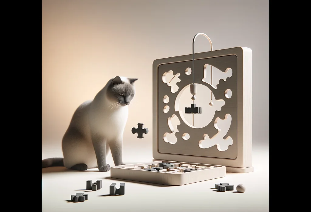 Cat engaging with a sleek, modern puzzle feeder toy