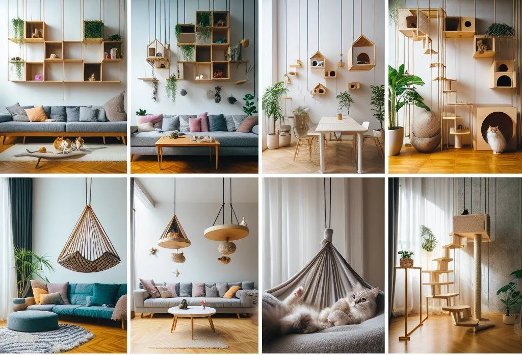 8 pictures of cat furniture and shelves in rooms