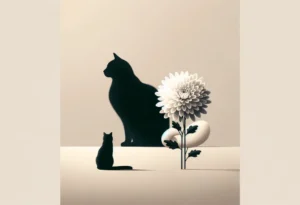 Chrysanthemum and cat silhouette hinting at caution