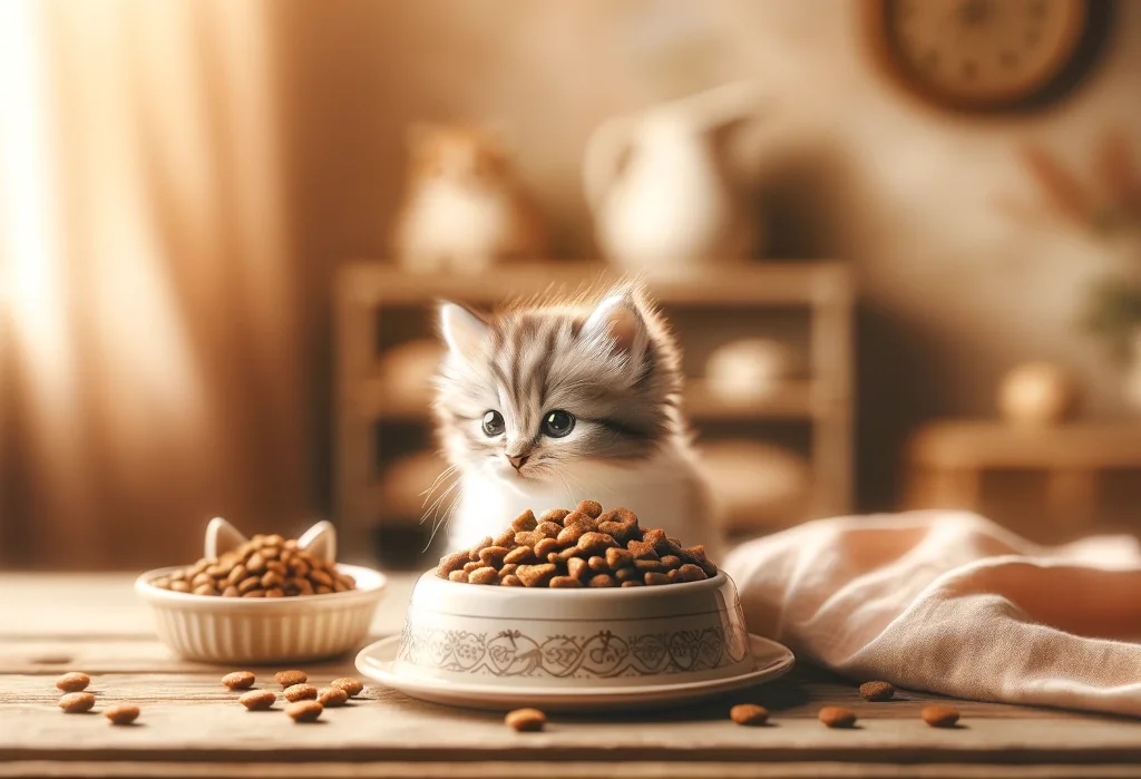 Playful kitten beside bowl of kitten-appropriate dry food