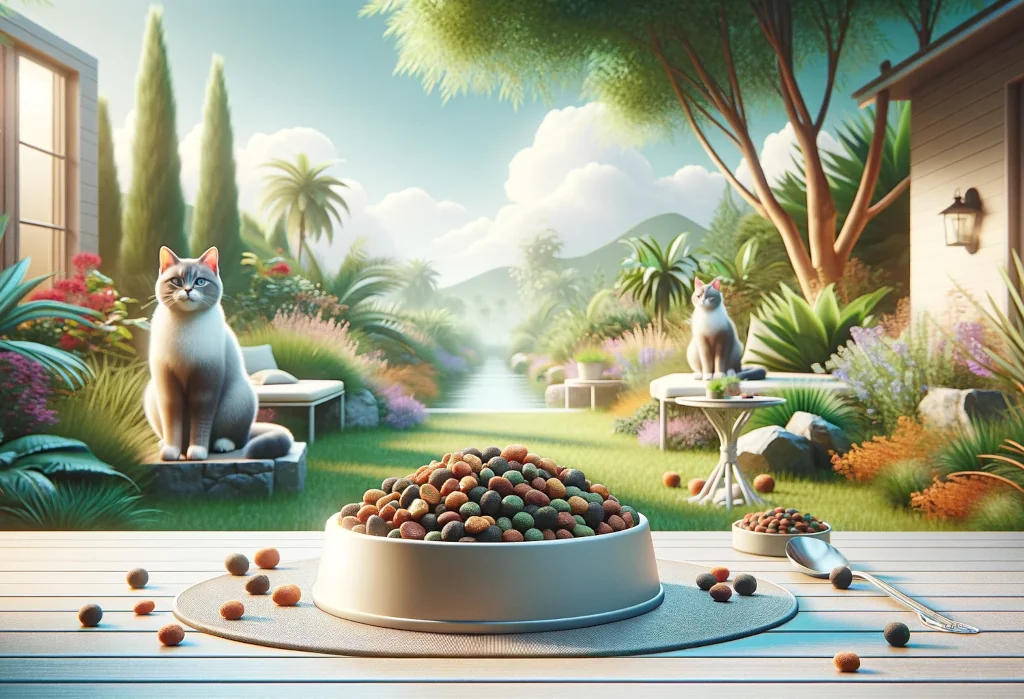 Bowl of cat food in an outdoor setting for active cats