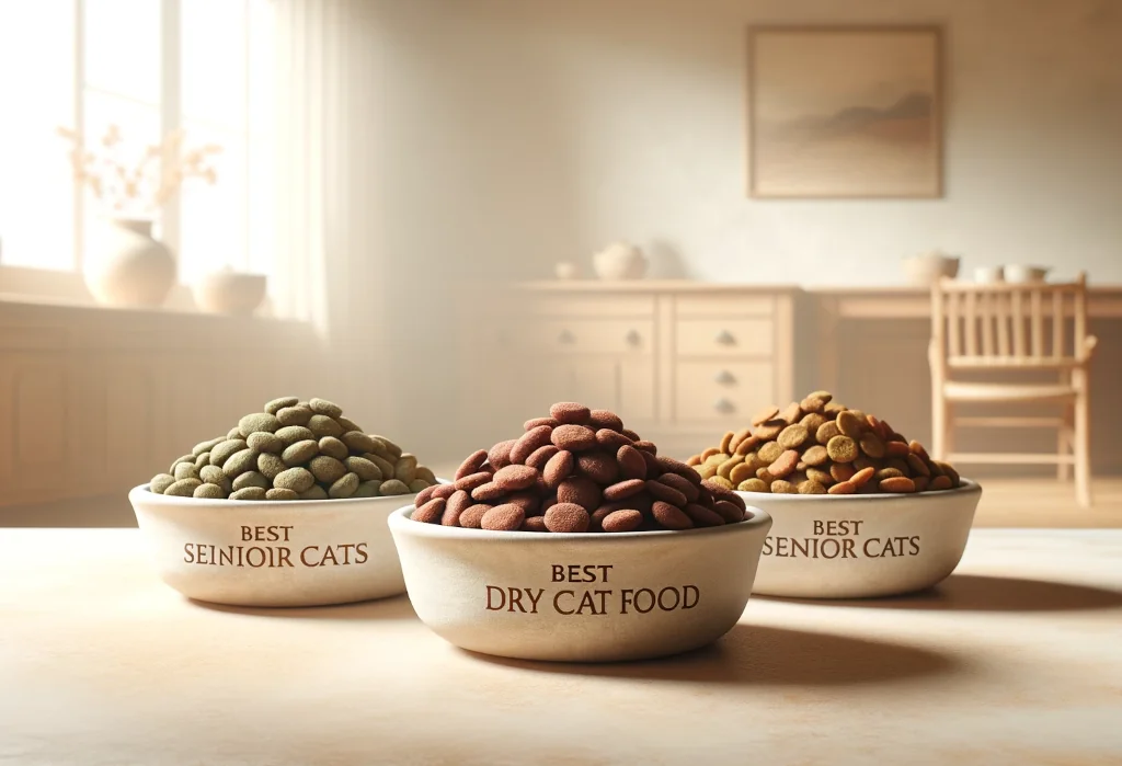 Three bowls of dry cat food, tailored for senior cats' nutrition