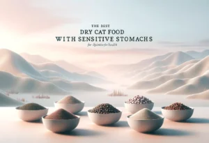 Five bowls of dry cat food, each for sensitive stomach care