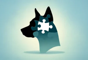 Dog silhouette with missing puzzle piece on gradient background
