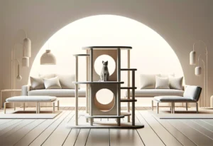 Stylish cat tree integrated into modern living room design.