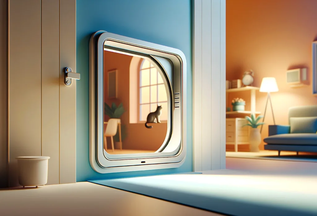 Secure cat flap in door on comforting home gradient background