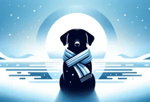 Dog silhouette with warm scarf on icy gradient background