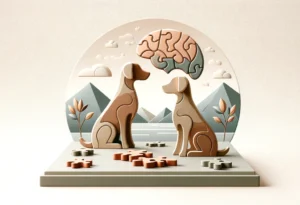 Minimalistic depiction of dogs with puzzle toys promoting cognitive growth