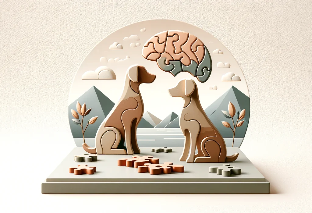 Minimalistic depiction of dogs with puzzle toys promoting cognitive growth
