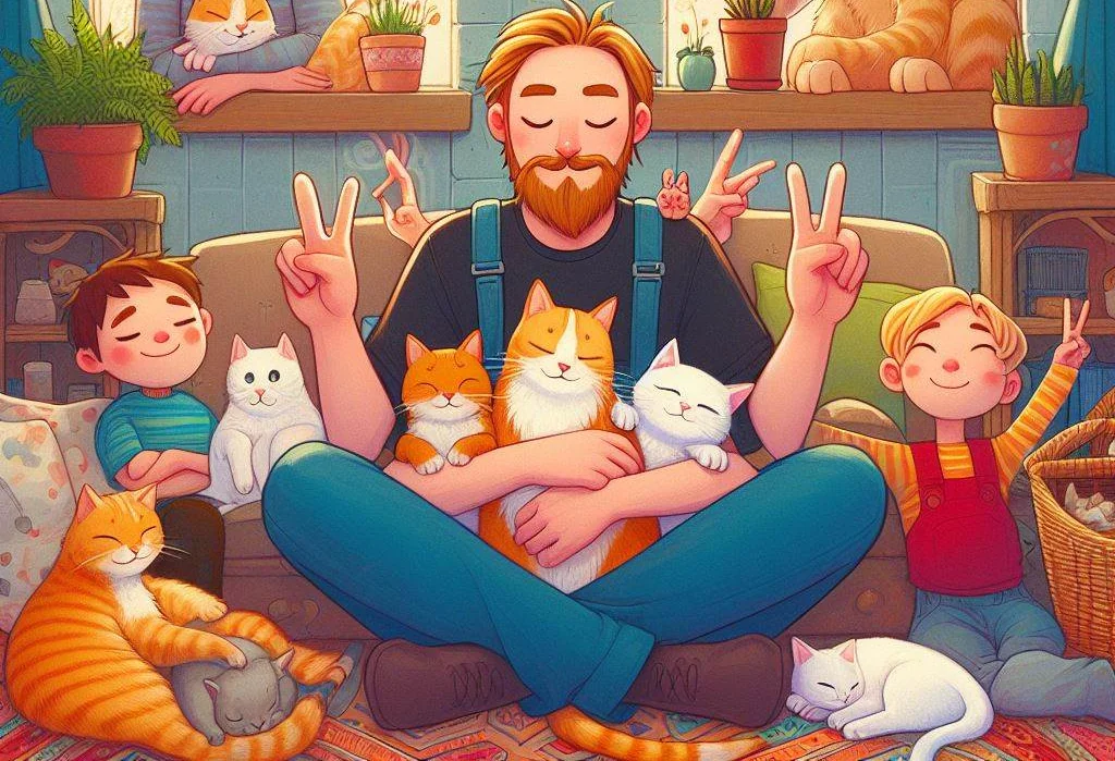 drawn picture of a man and children with cats showing peace signs