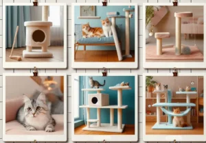 6 pictures of various cat furniture, trees, shelves