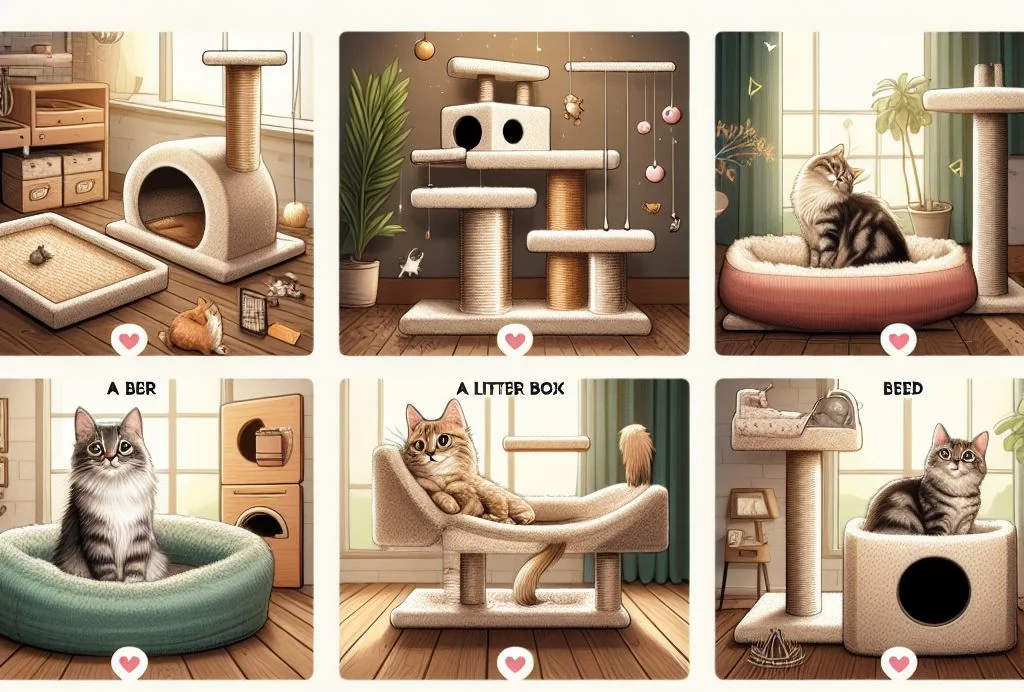 various cat furniture, trees, beds with cats in them