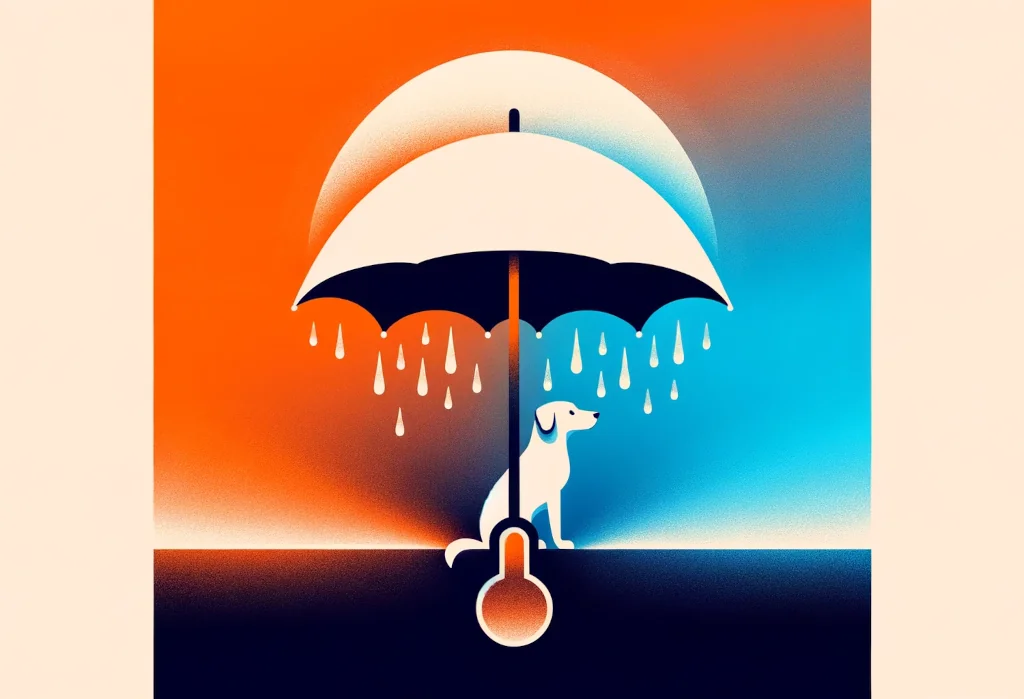 Dog under umbrella with hot to cool gradient background