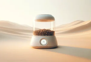 Modern smart pet feeder with cat food, on a light surface