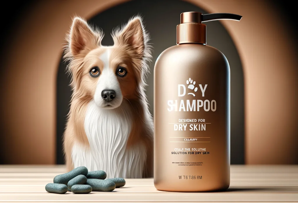 dog with dog shampoo bottle on a hydrating background
