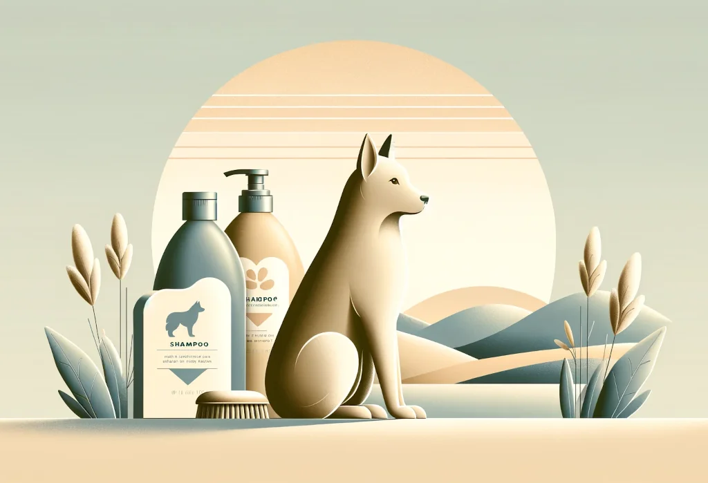 Calm dog with soothing shampoo bottles on a clean background